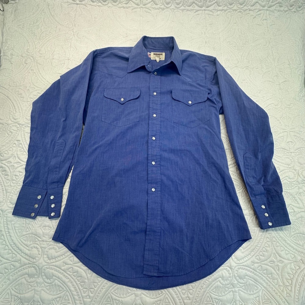 Vintage Ruddock Western Pearl Snap Shirt Mens Blue Long Sleeve USA Made L